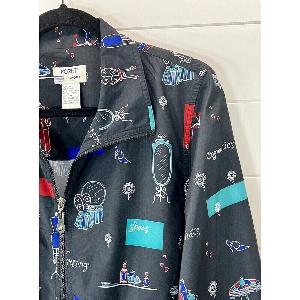 Vintage Koret Sport Womens Full Zip Novelty Print Wind Breaker M Navy Mob Wife